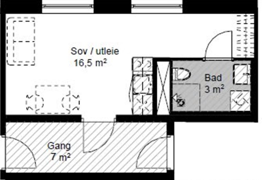 Romslig ubebodd hybel med hvitevarer. 